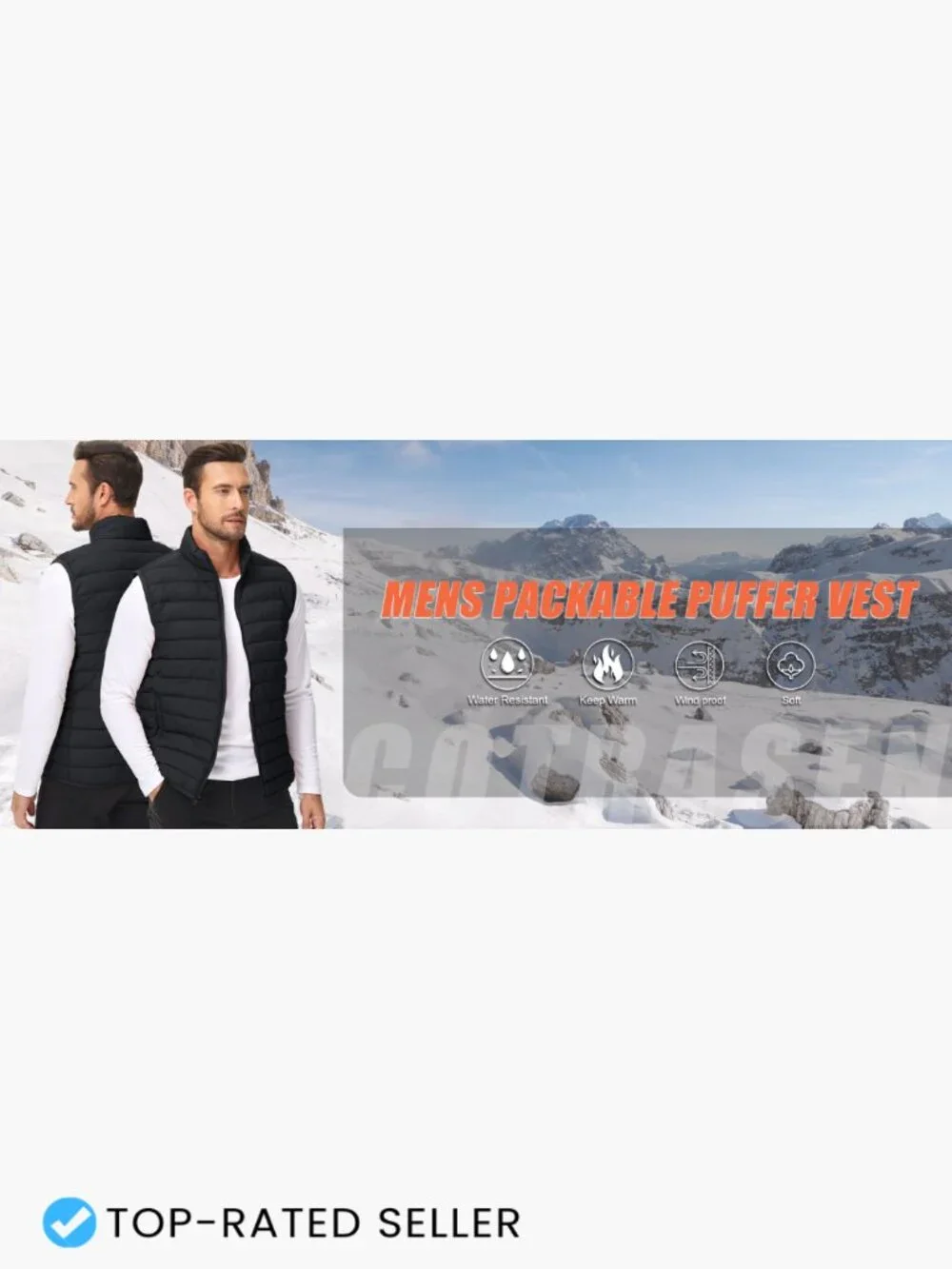 Men's Packable Insulated Vest Zip Pockets Water-Resistant Windproof Lightweight